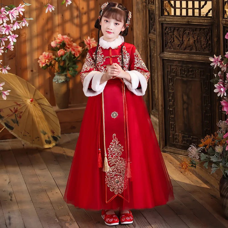 Winter Chinese Borduurwerk Traditionele Dikke En Gewatteerde Kinderen Oude Hanfu Meisjes Nieuwjaar Outfits Kids Kostuums Voeren