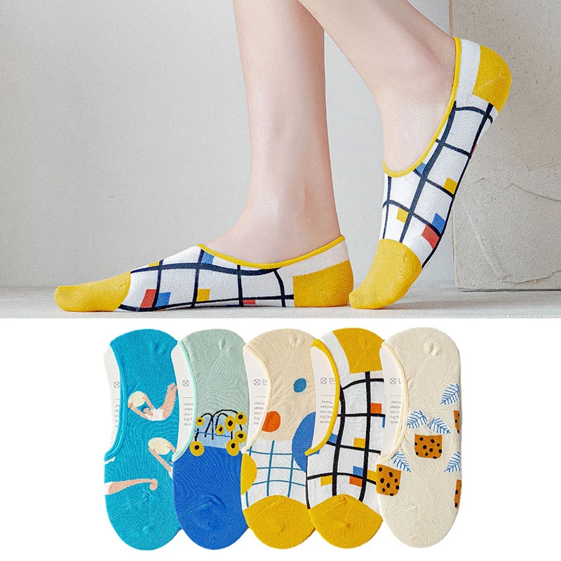 

Spring Summer Women Fashion Cotton Invisible Short Heel Boat Socks Cute Cartoon Trend Floor Ankle Low Personalized Shallow Mouth