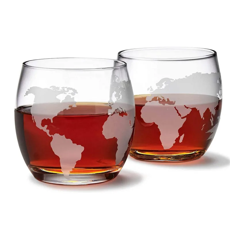 2pc Globe Whiskey Glass Cup Set Crystal Hand Made Map Etched Scotch Vodka Wine Glass Party Bar Drinkware Creativity Gift For Man