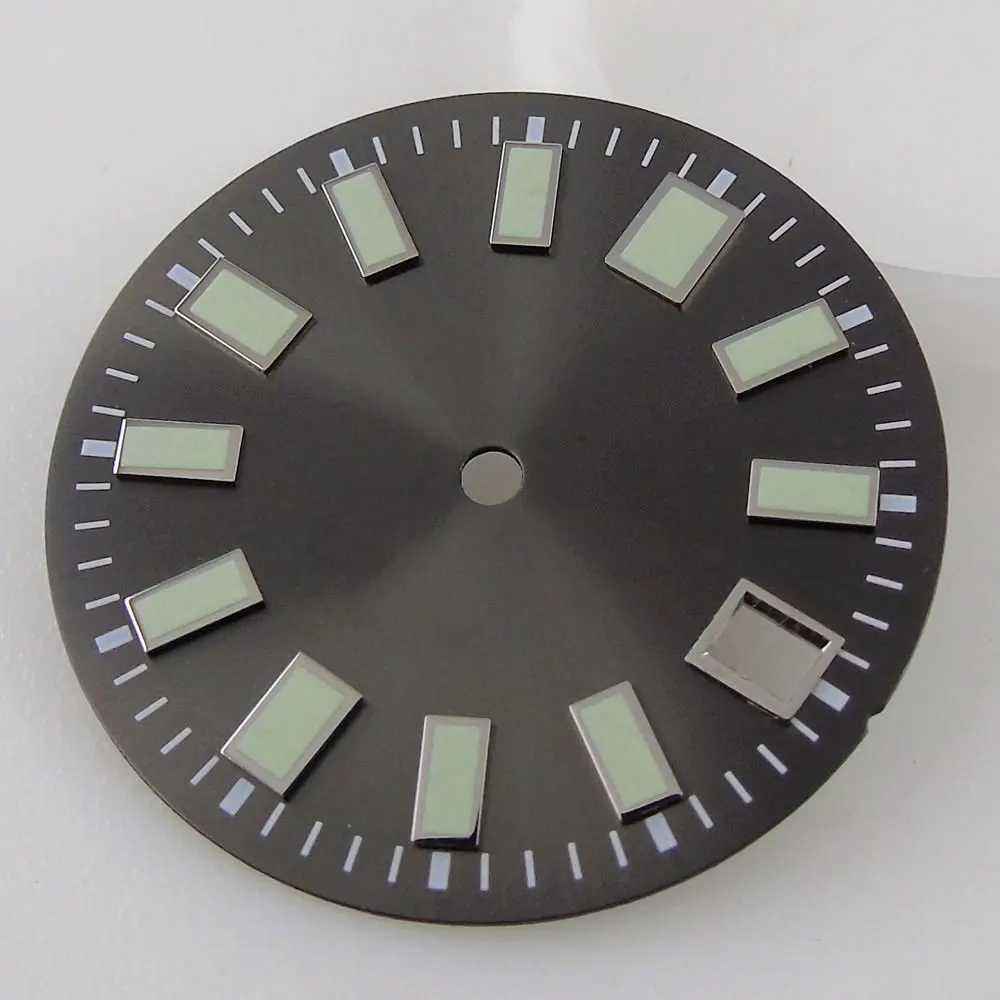29 mm superleuchtendes schwarz-blaues graues Zifferblatt, passend für eta 2824 2836 NH36 NH35 7S26 62mas Uhrwerk, Datum, Sunburst-Uhrengesicht
