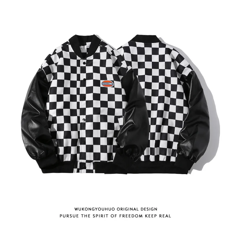 American checkerboard stitching Baseball Jacket, men\'s fashion brand loose BF versatile casual jacket jaket men mens clothing