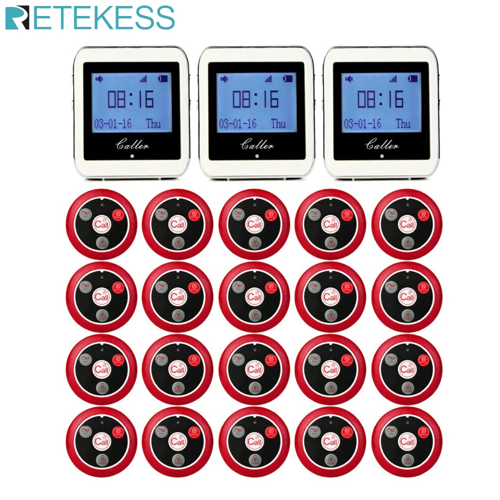 RETEKESS Wireless Waiter Calling System Service Guest Pager 3 Watch Receivers + 20 Call Buttons For Restaurant Bar Cafe Clinic