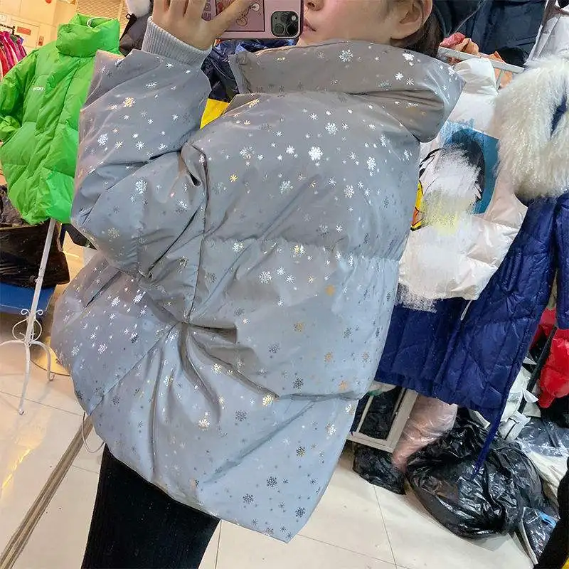 Abrigo cálido de invierno con copos de nieve, chaqueta larga reflectante, abrigo informal luminoso, ropa de calle gruesa, Parka holgada brillante,
