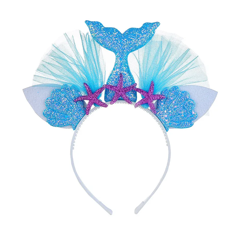 

Girl Mermaid Ears Headband Princess Blue Glitter Starfish Hallowen Birthday Party Cosplay Gifts Props for Kids Head Decoration