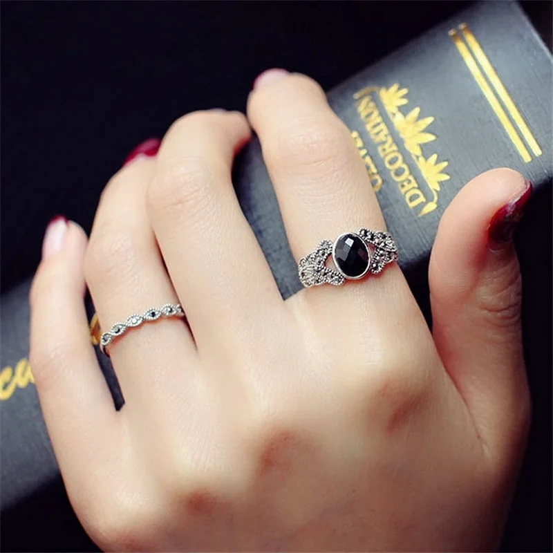 Ajojewel Retro Simple Thin Ring With Resin Stone Black Marcasite Vintage Rings For Women Wholesale Bague Femme