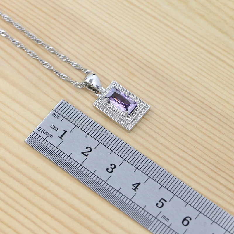 925 Sterling Silver Jewelry Set for Women Square Amethyst Open Ring Pendant Chain Earrings Bracelet Engagement Jewelry