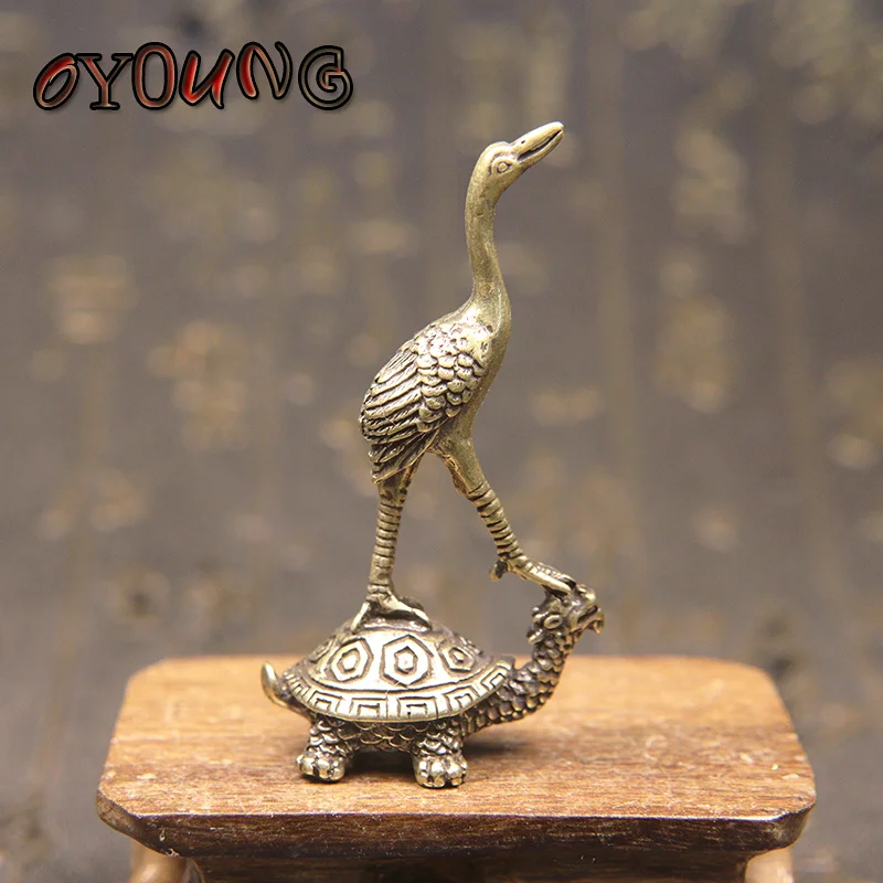 Antique Copper Ornaments Chinese Feng Shui Crane Turtle Figurines Home Decor Retro Brass Animal Censer Office Desk Decorations