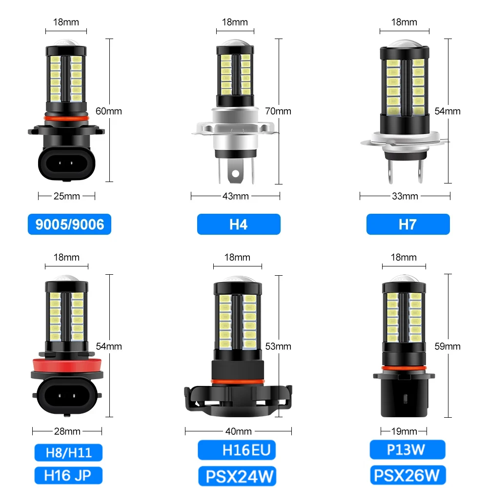 2X LED Fog Lamp H11 H8 H9 H7 H16 JP EU PSX24W PSX26W Fog Light Bulbs Car Headlight 9005 HB3 9006 HB4 1500LM 6000K Orange Yellow