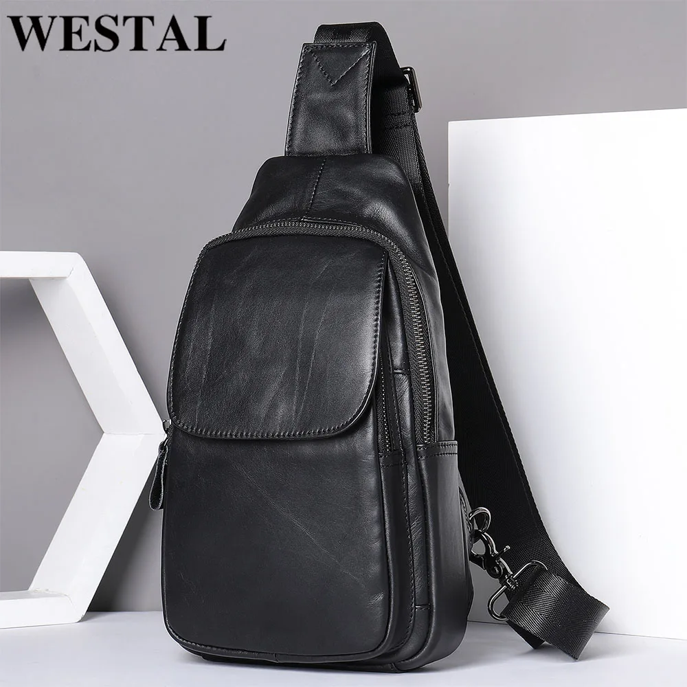 WESTAL Genuine Leather Chest Bag Casual Men\'s Shoulder Bag Vintage Crossbody Bags For Men Cross Bags Designer Men\'s Purse Black