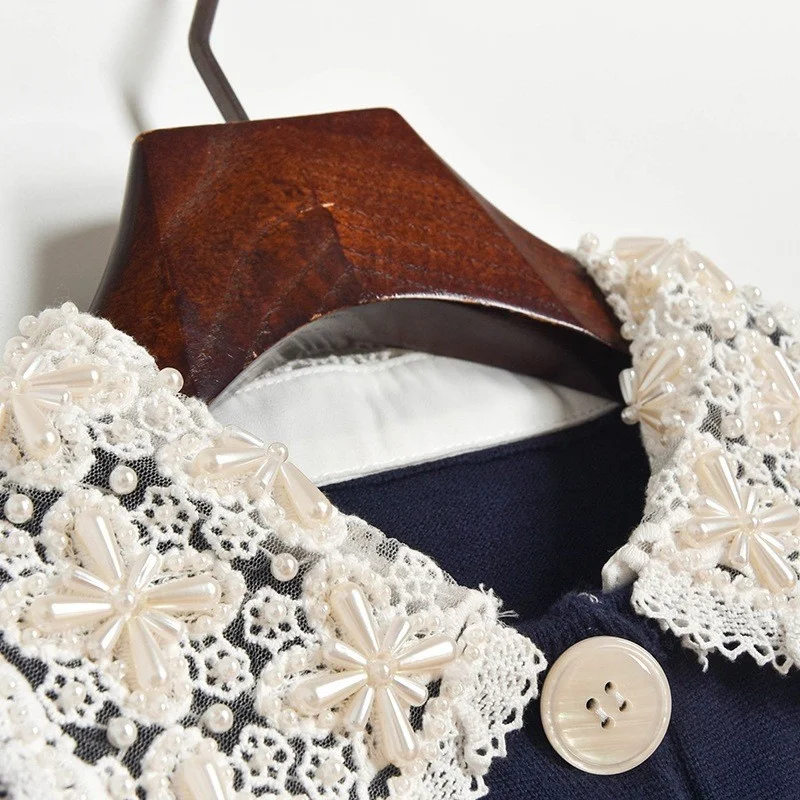 

Ladies Sweet Lace Embroidery Beading Collar Knitted Cardigan Single Breasted Vintage Womens Sweater Casual Knitwear Outwear Coat
