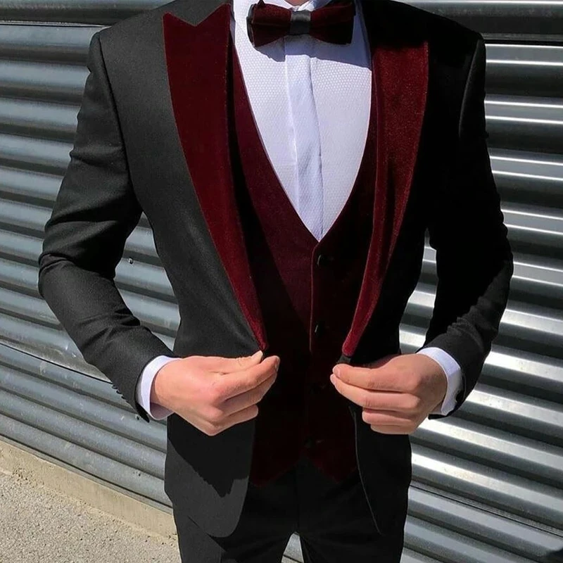 

Black Men Suits Burgundy Velvet Vest Costume Homme Slim Fit Prom Terno Masculino Blazer Groom Wear 3 Pcs (Jacket+Pant+Vest)