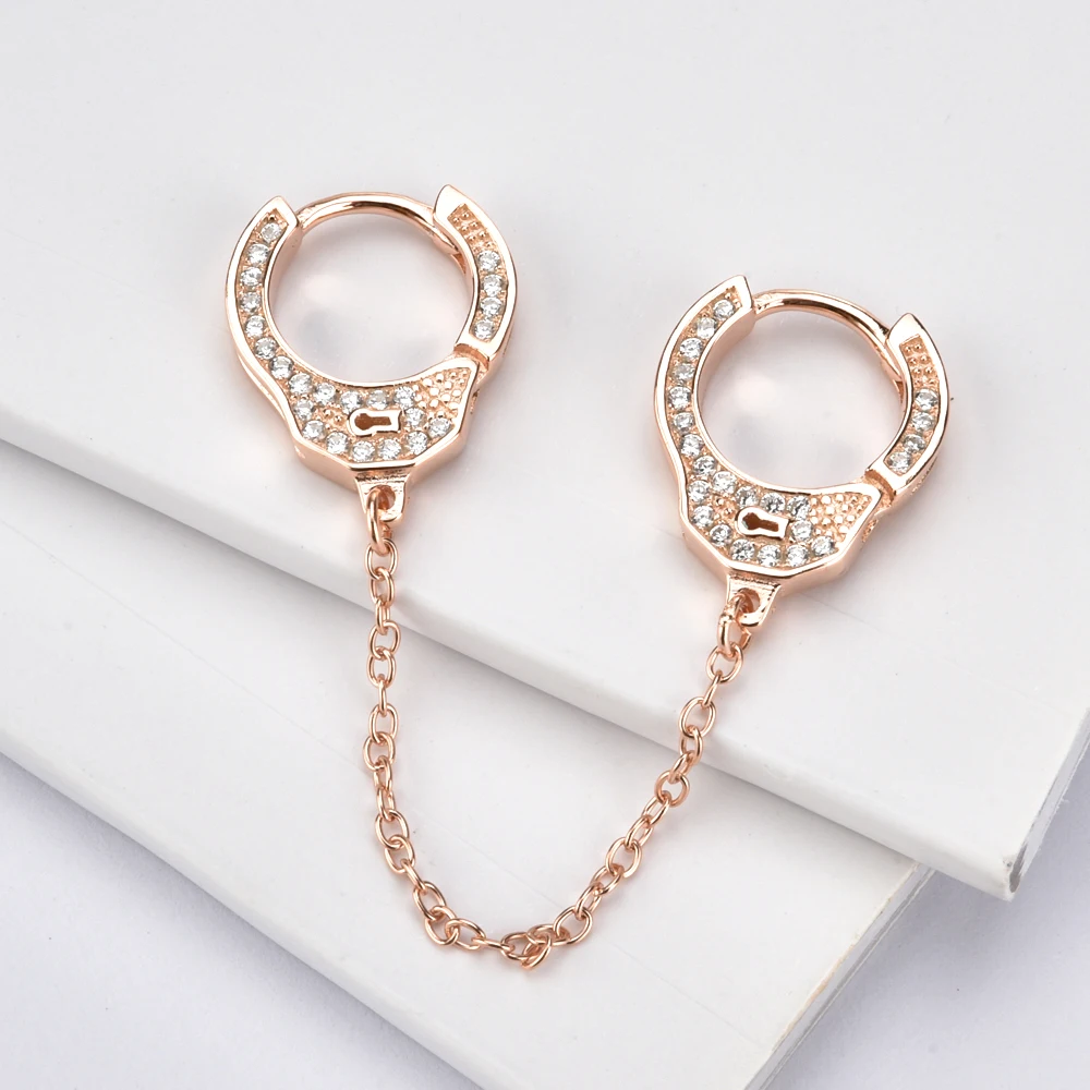 Kikichicc 925 Sterling Silver 8.5mm Handcuff Hoops Double Huggies Cuffs Chain Women CZ Zircon Earring Rock Punk Girl Jewelry