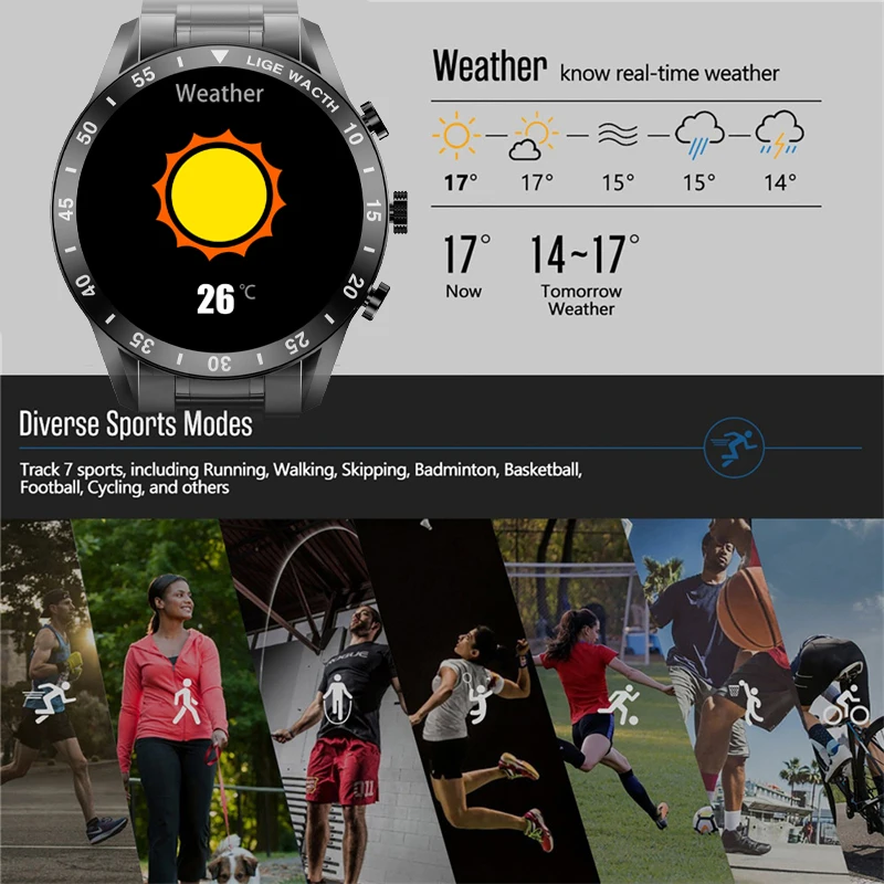 LIGE الرياضة ساعة ذكية الرجال بلوتوث دعوة الموسيقى ساعة اليد جهاز تعقب للياقة البدنية شاشة تعمل باللمس الكامل Smartwatch ل IOS أندرويد ساعة