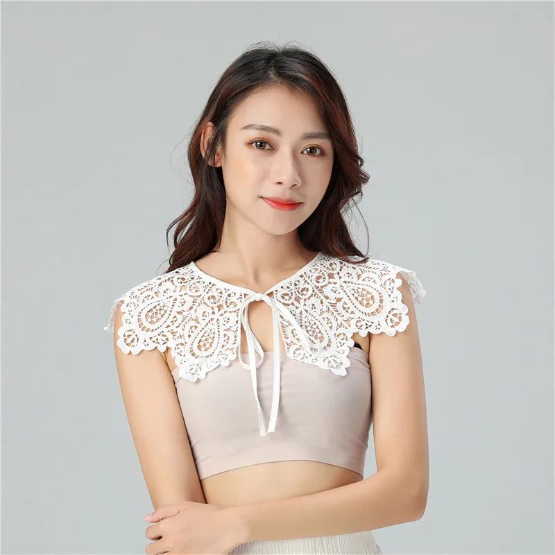 Women Peter Pan Neck Shirt Chiffon Cotton Fake Collar Tie Hollow Out Lace Flower Lapel Floral False Detachable Collar Blouse Top