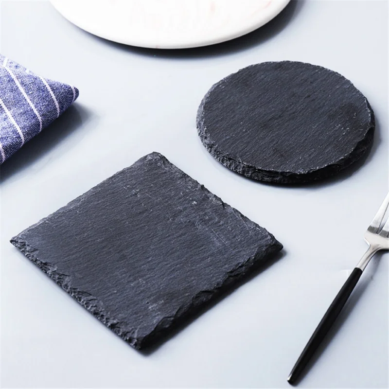 Slate Stone Coasters Square Black Natural Edge Stone Drink Coaster Pad Serving Plate for Bar Home Kitchen