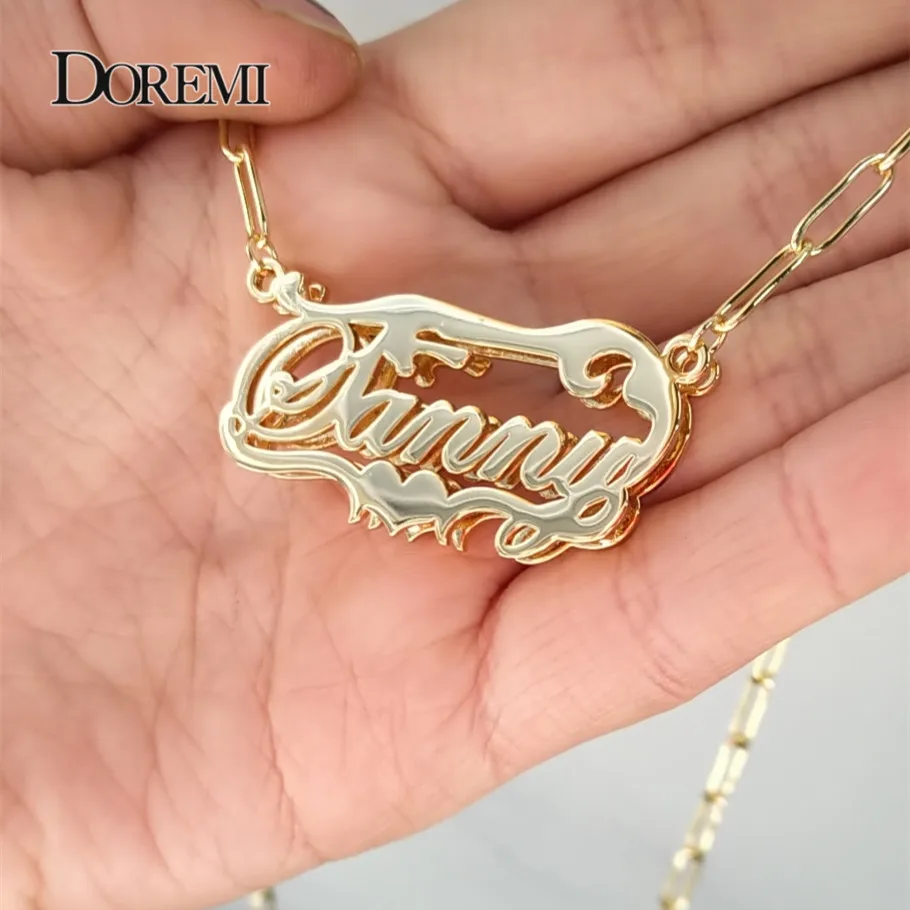 DOREMI Double Layered Custom Necklaces Stainless Custom Name Necklace Name Personalized Gold Plated Nameplate Necklace Hip Hop