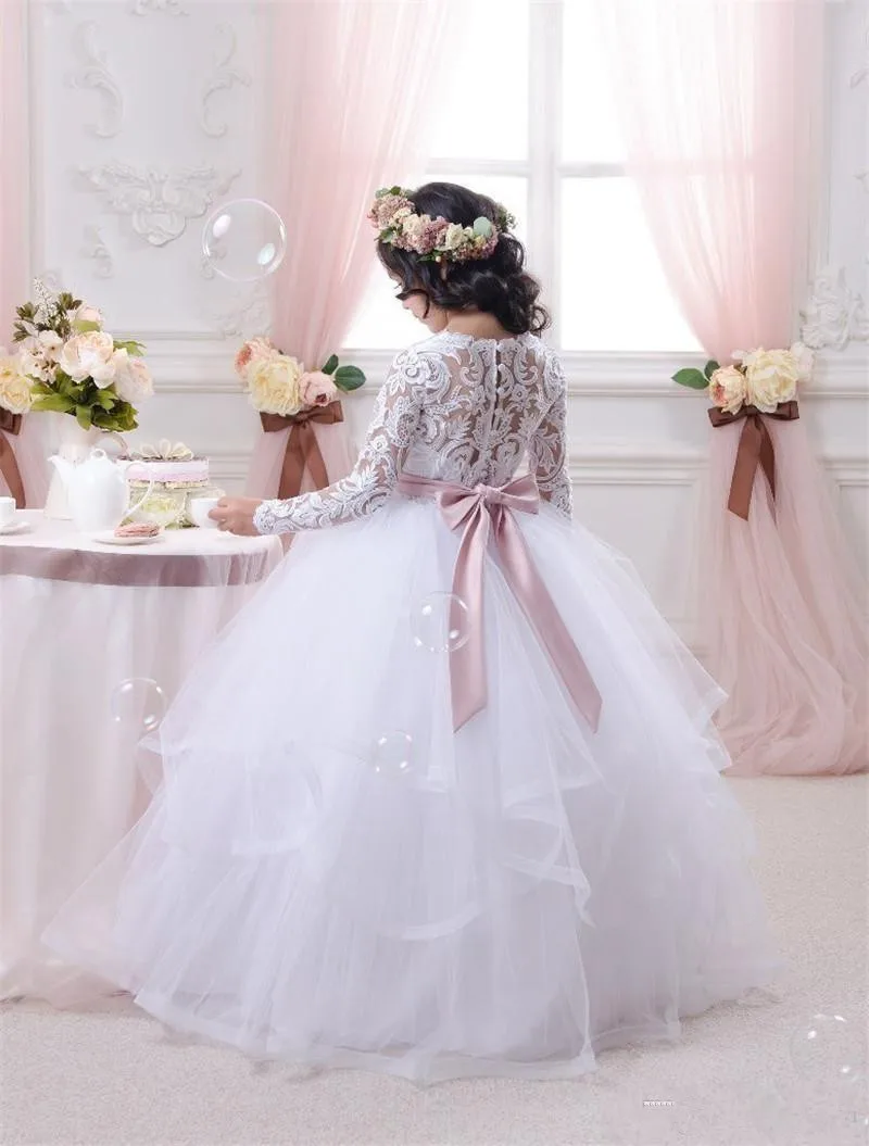 White Lace Kids Flower Girl Dresses for Weddings  Long Sleeve Princess Gown Girls Pageant Dresses First Communion Dress for Girl