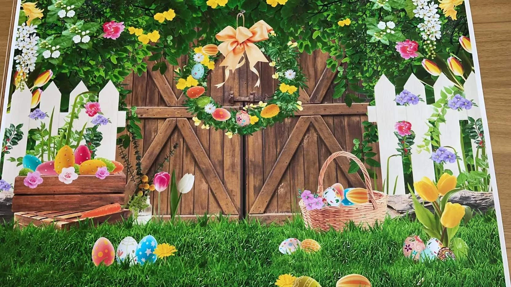 ฤดูใบไม้ผลิอีสเตอร์ไม้ประตูไข่สีเขียวทุ่งหญ้าดอกไม้ Garland รั้วเด็กภาพวันเกิด Photo Studio Props