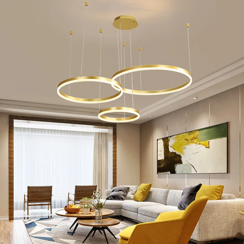 Modern Rond Ring Gold Pendant Lights For Living Room Dining Room Circle Rings Acrylic Aluminum Body LED Ceiling Lamp Fixtures
