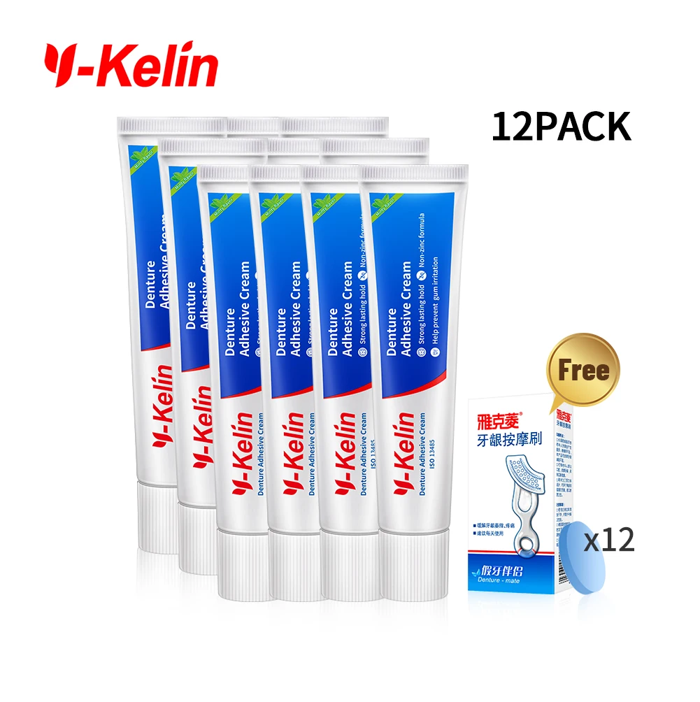 핫 세일 Y-Kelin 틀니 케어 접착제 크림 Strong Hold 40 그램 12 pack for Upper and Lower Secure 선물 보내기 