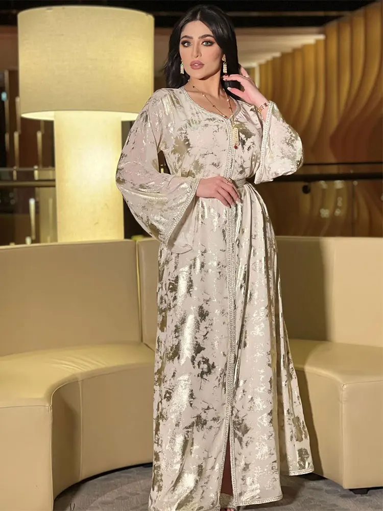 Evening Kaftan Jalabiya Women Gold Stamping Chiffon Muslim Arab Long Dress Moroccan Caftan Party Wedding White Abaya Ramadan