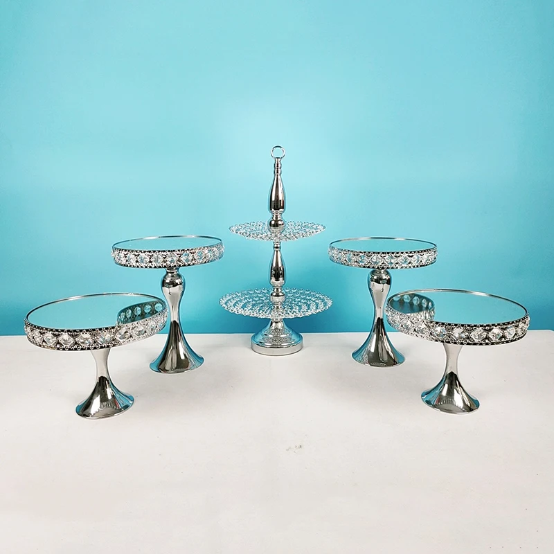 3-7pcs/set silver crystal cake plate wrought iron wedding dessert table decoration afternoon tea snack plate display stand