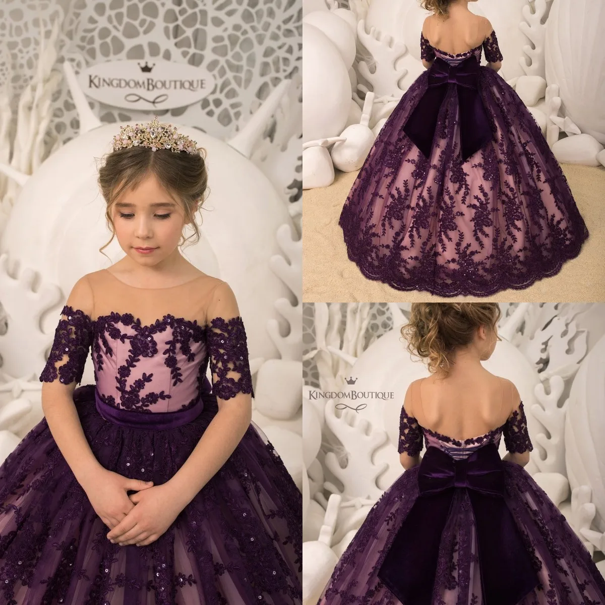 Robe de bal Vintage pour filles, en dentelle perlée, à manches courtes, vêtements de spectacle pour enfants