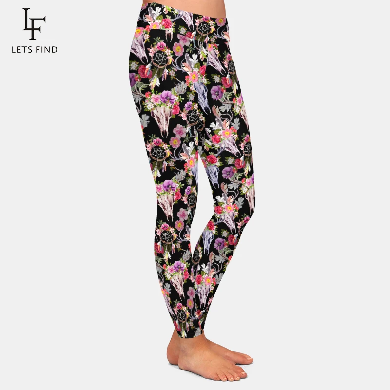 LETSFIND – Leggings de Fitness taille haute pour femme, Leggings à la mode, imprimé tête de mort avec fleurs et attrape-rêves, en 3D