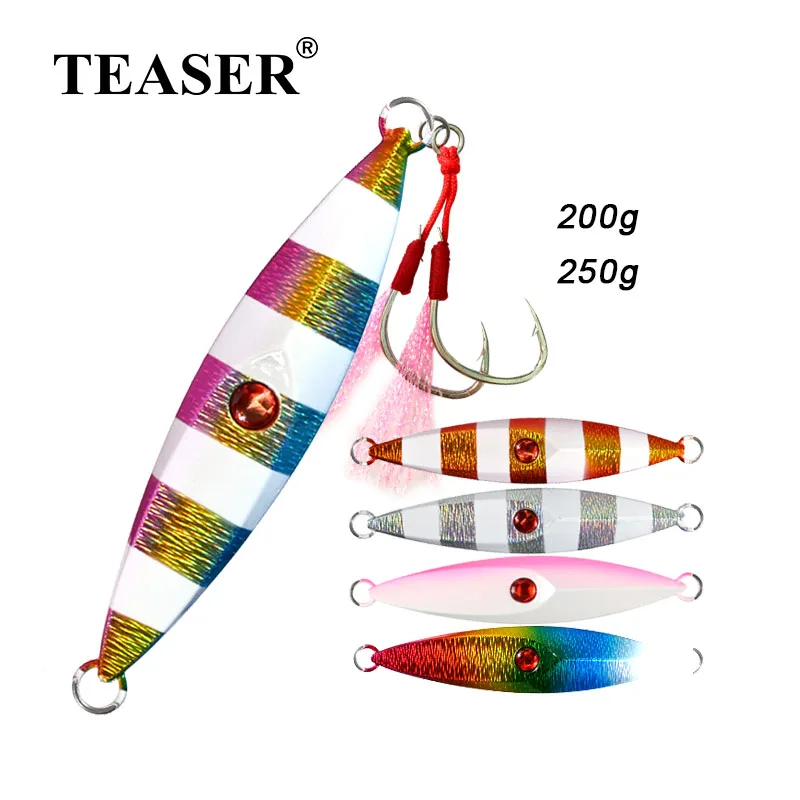 TEASER 200g 250g Slow Fall Sinking Jigs Hard Metal Spoon Crankbait Zebra Luminous Deepsea Long Casting Sea Bass Fishing Tackle