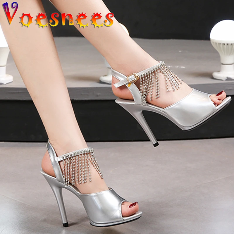 Chain Fringe Decoration Women Heels Seven Colors Sandals Peep Toe Front Rear Strap Walk Show 11CM Super Thin High Wedding Shoes