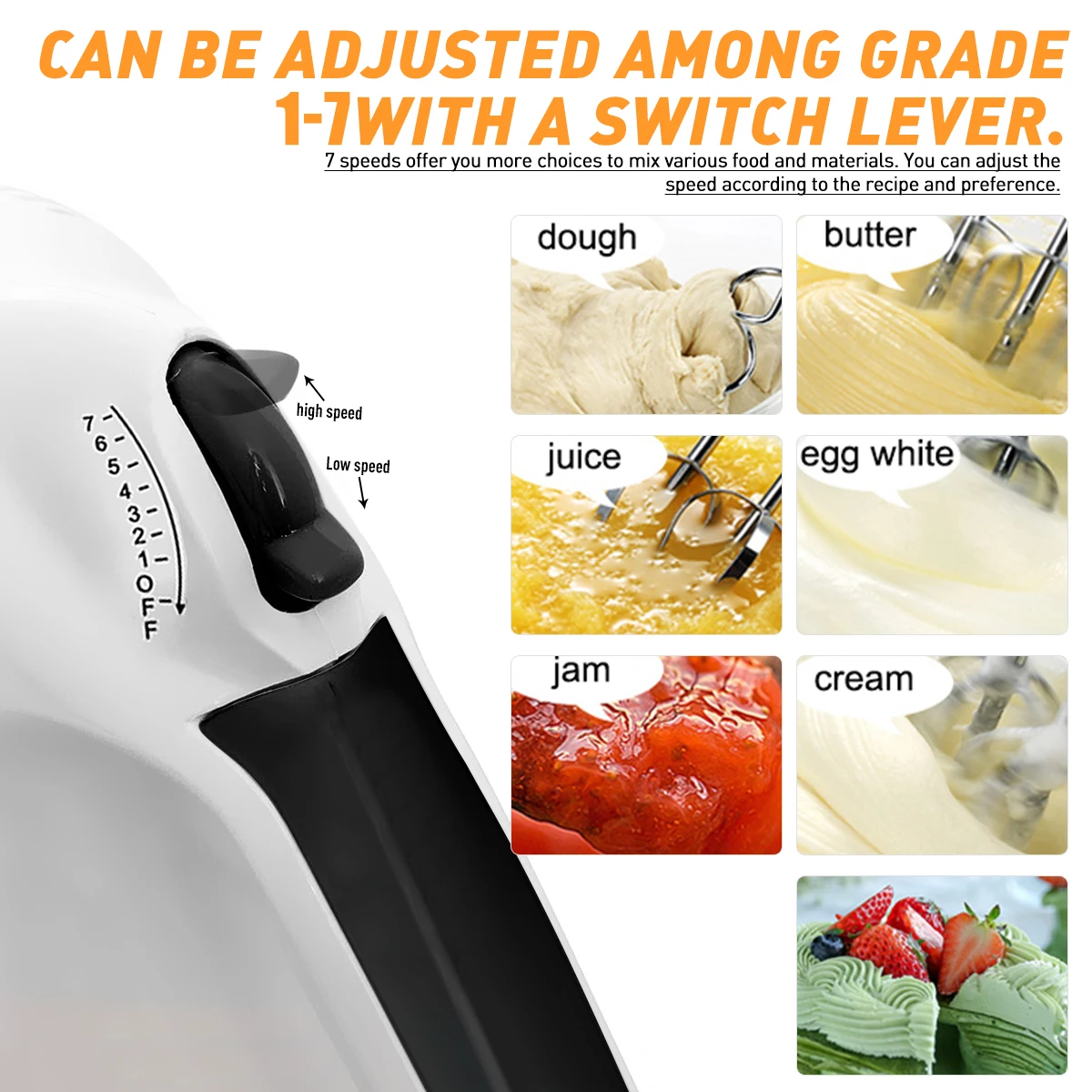 Stainless Steel Electric Hand Mixer, 7 Speed, Egg-Whisk, Includes 2 Beaters, 2 Dough Hooks, Robust & Easy-Clean