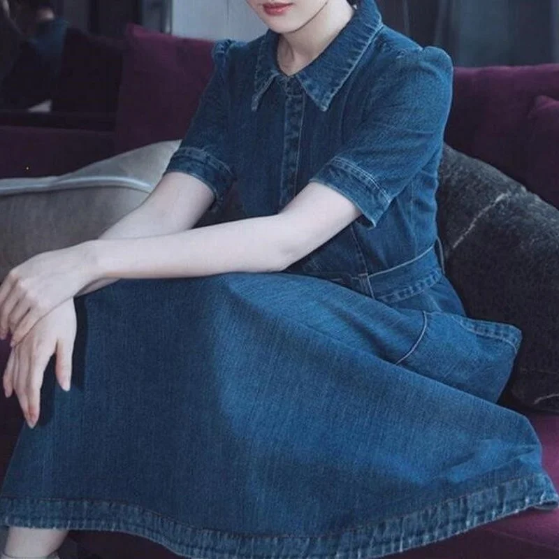 New Vintage Brand Slim Fit Big Hem Womens Medium Length Denim Dress Fashion Short Sleeve Lapel Sashes Office Ladies A-Line Dress