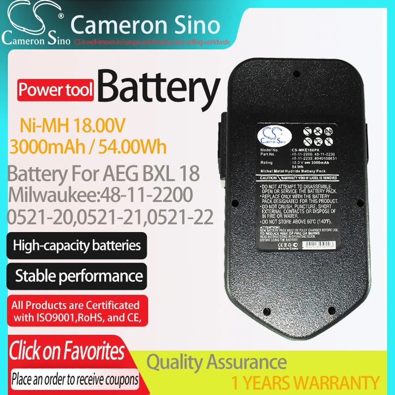 

Cameron Sino Battery for AEG B 18 BX 18 BXL 18 BXS 18 MX 18 fits Milwaukee 0521-20/21/22 Power Tools Replacement battery 3000mAh