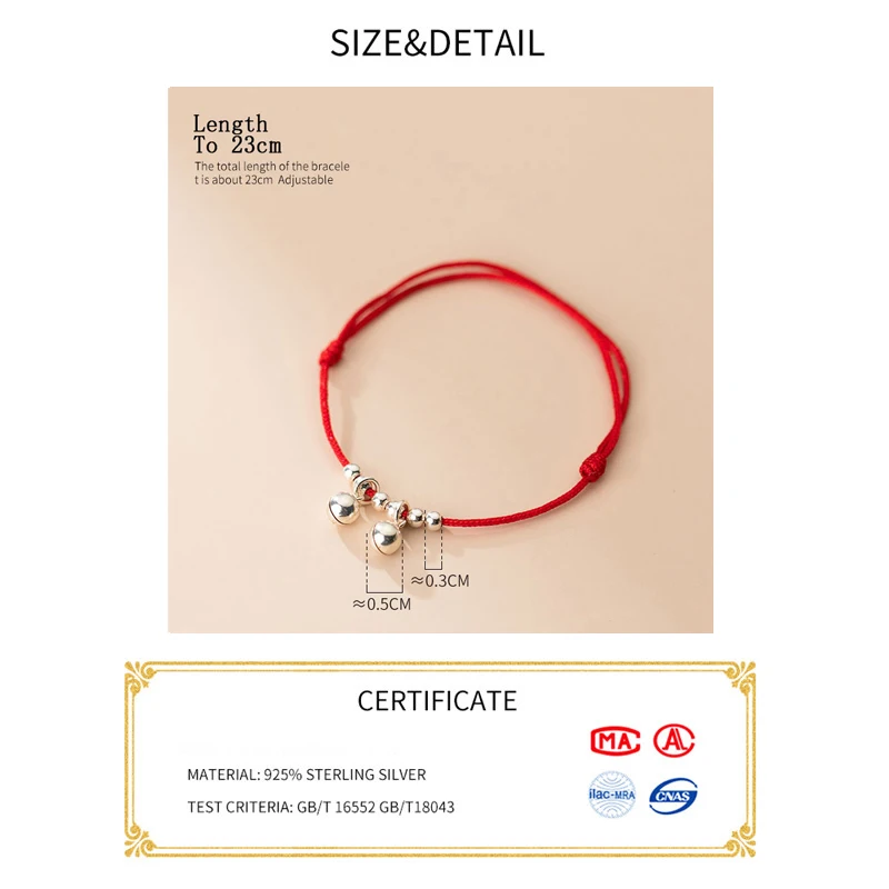 La Monada 925 Sterling Silver Double Bell Red String Bracelet Adjustable Lucky Red Rope Bracelet for Women
