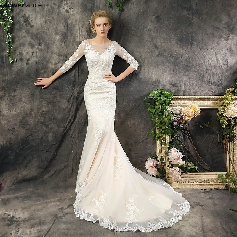 2020 Illusion O Neck Mermaid Lace Appliques Sweep Train Wedding Dresses Three Quarter Sleeve Backless Bridal Gowns