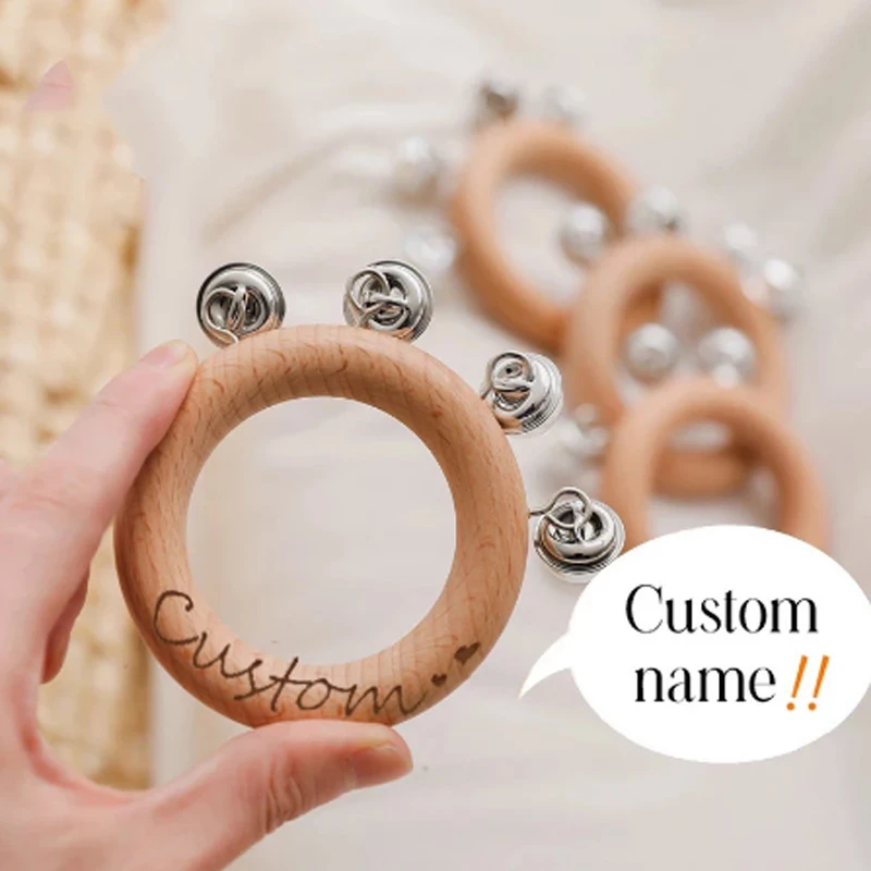 Custom Name Baby Ring Hand Bell Food Grade Wooden Baby Rattle Toys Infant Teether Toys Newbron Montessori Educational Toy