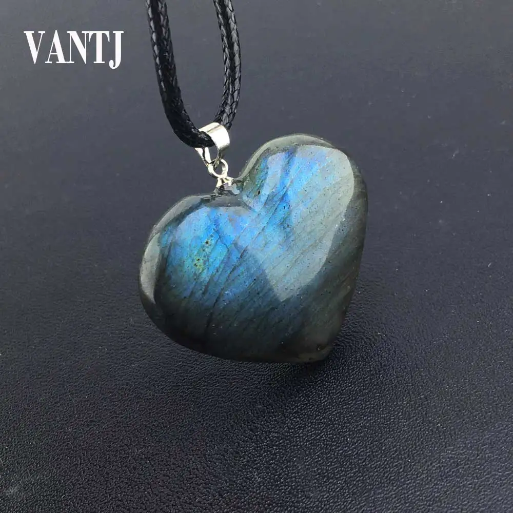 VANTJ Real Natural Labradorite Pendants Moonstone Sunstone Heart Necklace Divination spiritual meditation Fine Jewelry