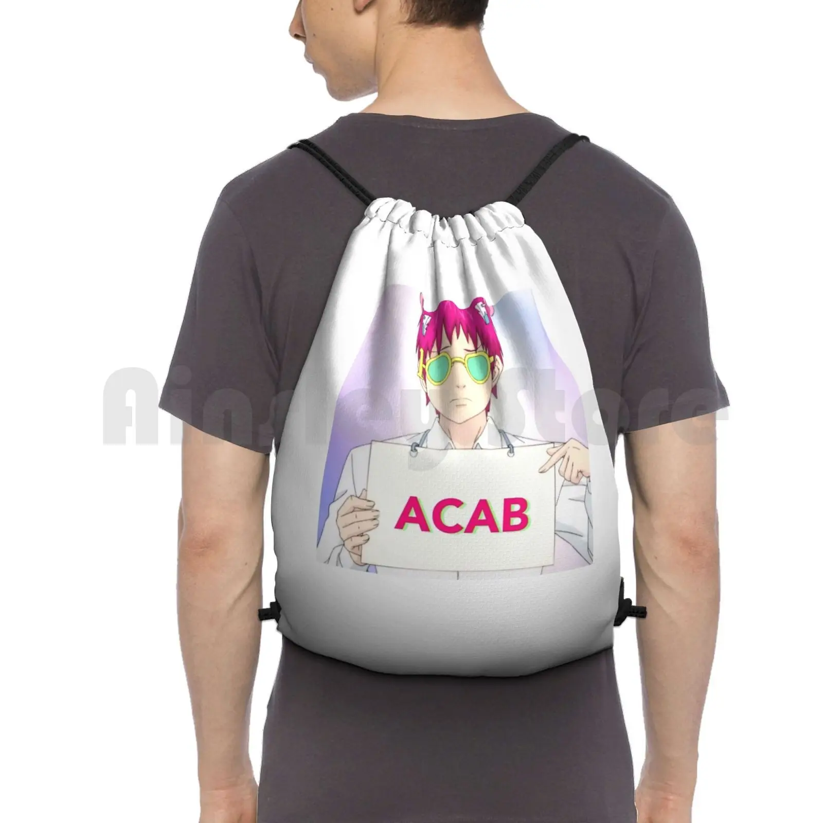 Saiki Kusuo Says Acab Backpack Drawstring Bags Gym Bag Waterproof Acab Anime Saiki K Saiki Japan Cartoon Kaido