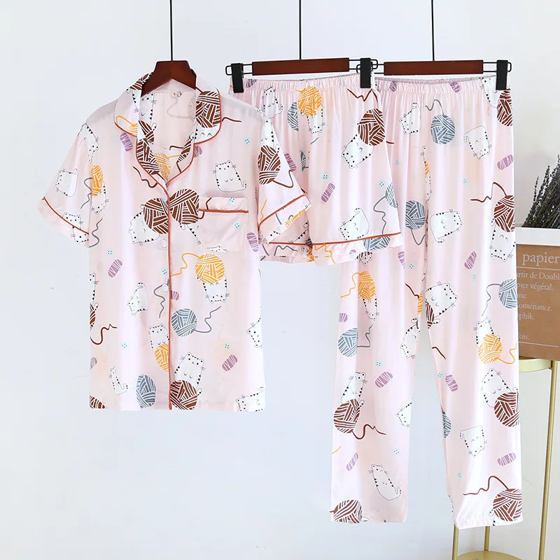 

Three Pieces Pajamas Set Women Short Sleeve Shorts Long Pants 2021 3pcs Cotton Homewear Set Printed Top Long Trousers Sleepwear