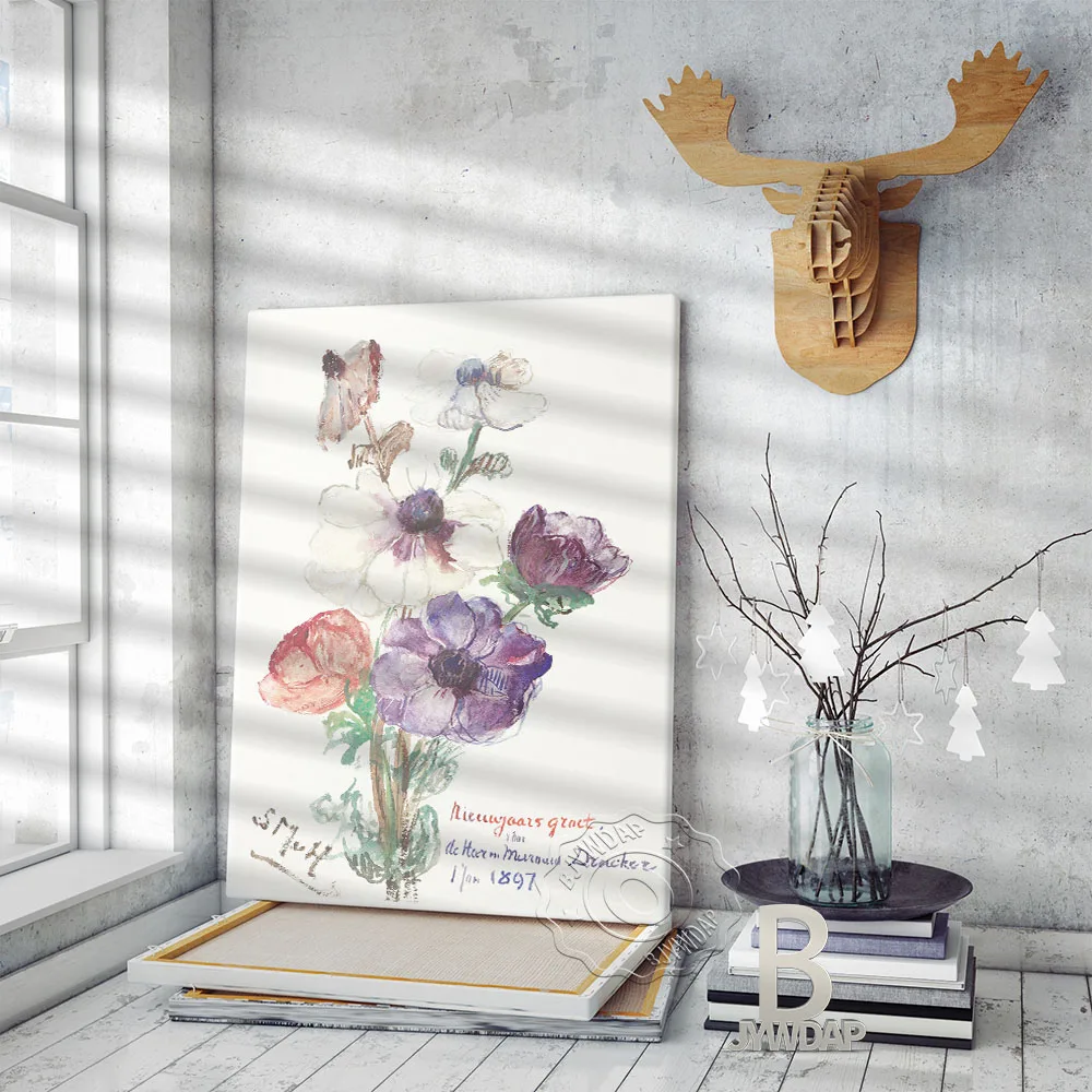 Nieuwjaarsgroet مع Anemonen المشارك ، Sientje Mesdag-Van Houten زهرة ورقة الفن قماش اللوحة ، بهو النبات جدار ديكور فني للمنزل