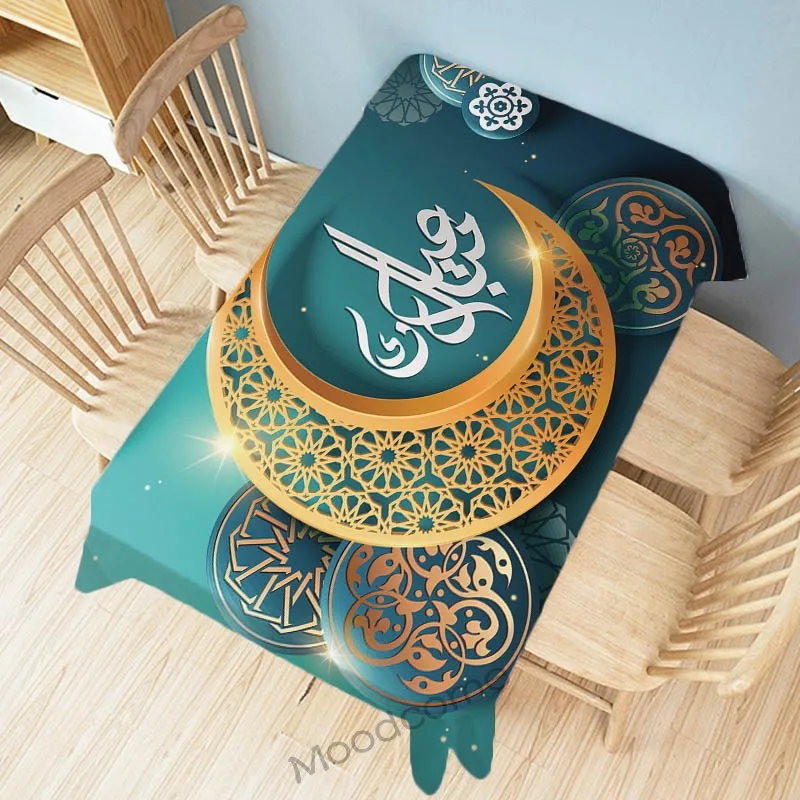 Colorful Muslim Eid Mubarak Ramadan Islamic Cultural Art Decorative Tablecloth Large Wall Art Mosque Moon Star Linen Table Cloth