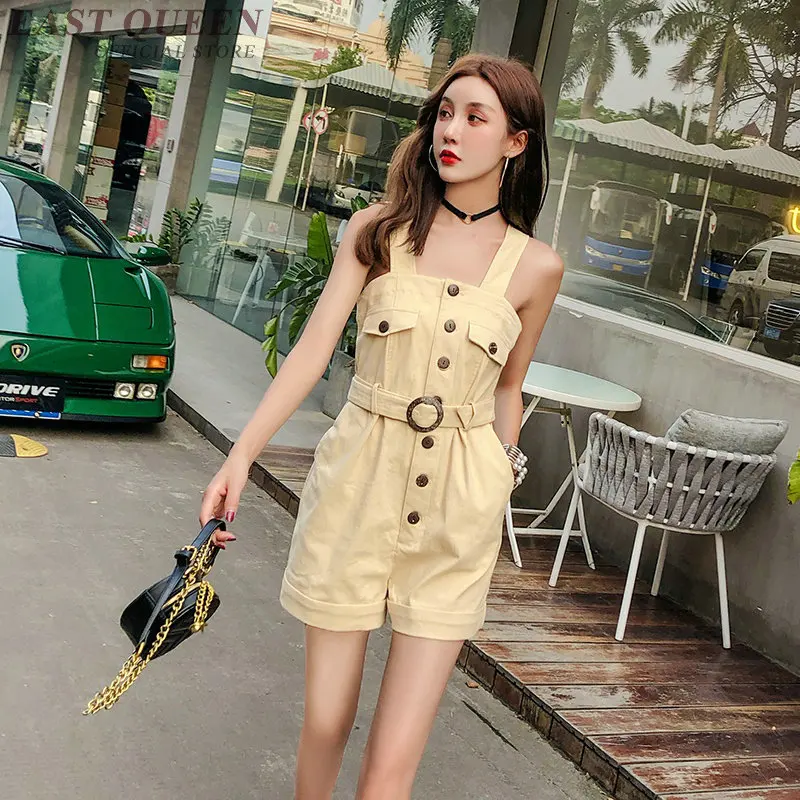 Wanita Dungarees Celana Pendek Musim Panas Jumpsuit Tombol Belt Overall Playsuits Saku Baju Wanita 2019 Celana Kodok untuk Wanita DD2313