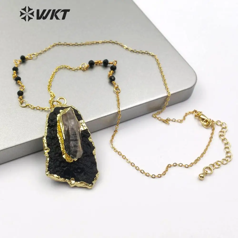 WT-N1166 Wholesale 5 pieces Natural Black Tourmaline Necklace Gold Electroplate Irregular Shape Pendant Lady Decorate Jewelry