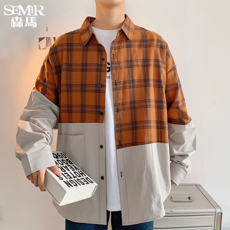 men's spring 2021 oversized boys can wear Long Sleeve Plaid stitching, relaxed and handsome student style streetwear camisa