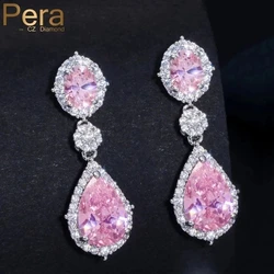 Pera Sparkling Silver Plated Sweet Pink CZ Crystal Bridal Wedding Long Big Teardrop Earrings Jewelry for Brides Party Gift E075