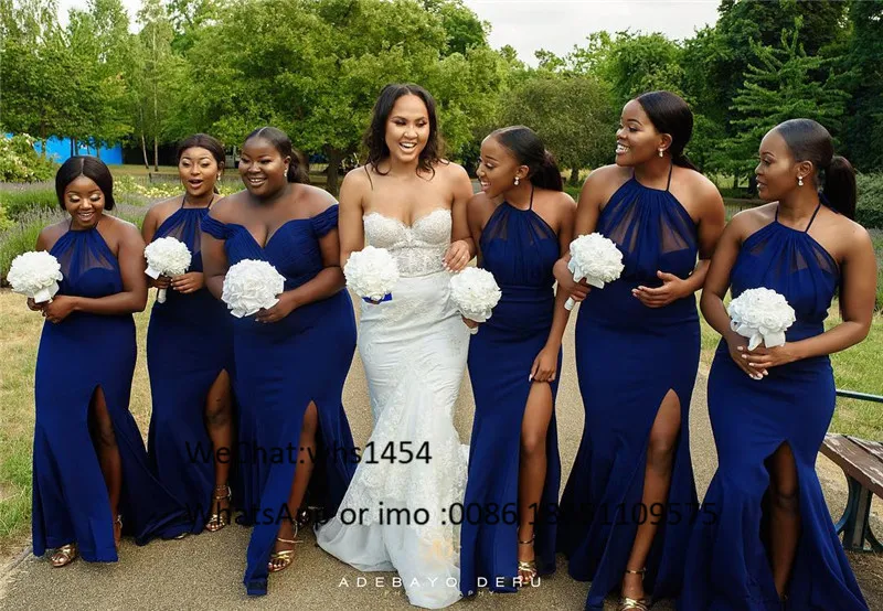 Vestidos Elegantes de sirena para dama de honor, vestidos de fiesta de boda con abertura lateral larga Africana azul real 2023