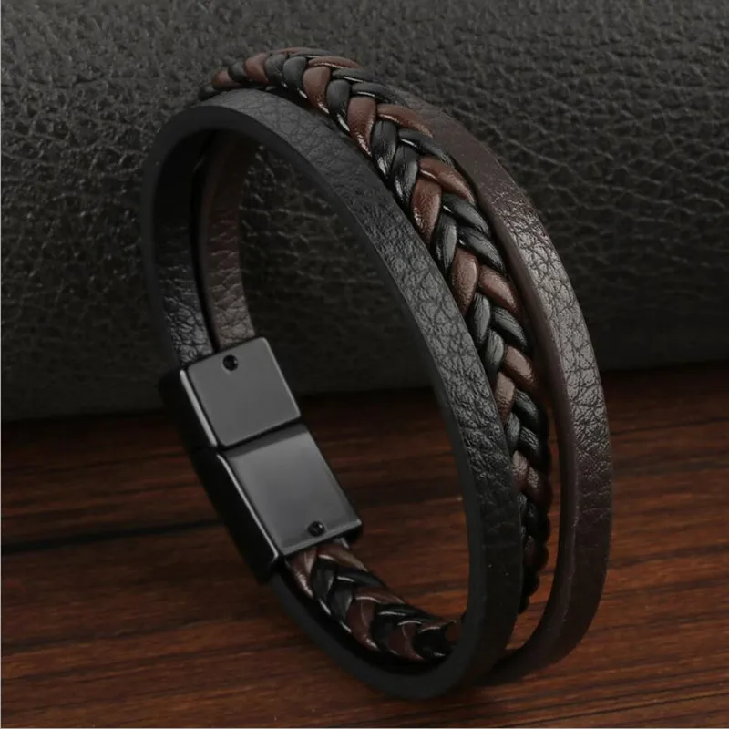 2020 New Design Multi-layers Handmade Braided Genuine Leather Bracelet & Bangle For Men Male Hand Jewelry For Birthday Gift