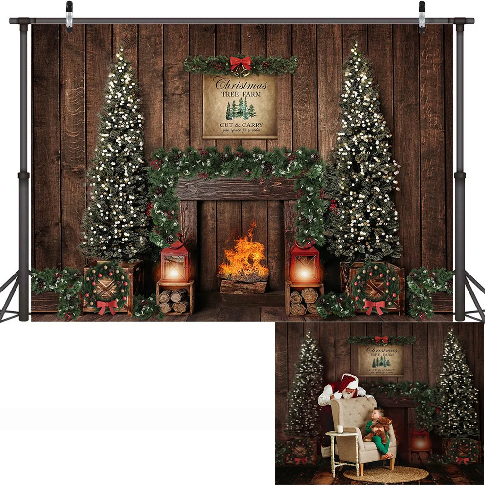 Winter Merry Christmas Photography Backdrop Fireplace Christmas Tree Birthday Background Rustic Xmas Family Party Portrait Props