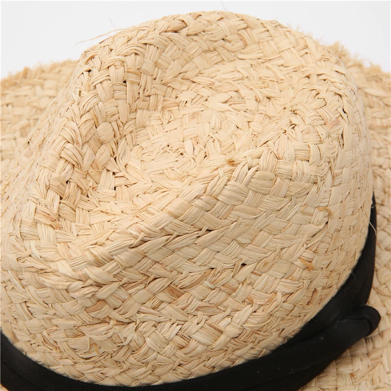 2021 New Raffia hat Panama Straw Hat Summer Black ribbon Women Men Wide Brim Beach Sun Cap UV Protection Jazz Fedora Hat