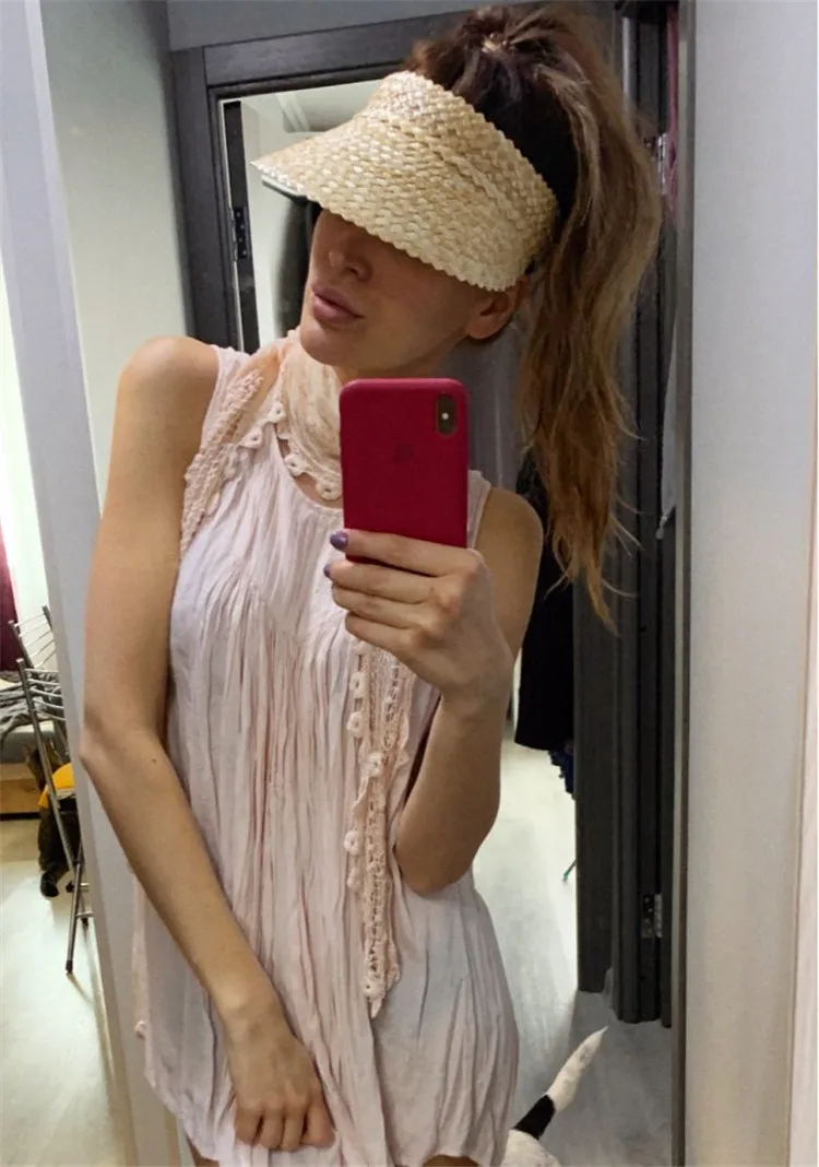 Women Handmade raffia straw hat Sun visor hat Sunscreen Lady holiday beach UV protection Topless stab INS fashion  caps